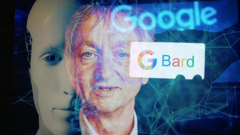 GEOFFREY-HINTON—GODFATHER-OF-AI—editorial-use-only-1 Imagem sobreposta de um robô e um homem, com os logos do Google e Google Bard. Um fundo abstrato conecta os elementos.