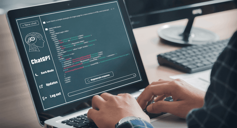 Close-up of a person using a laptop displaying ChatGPT interface with code visible on the screen.