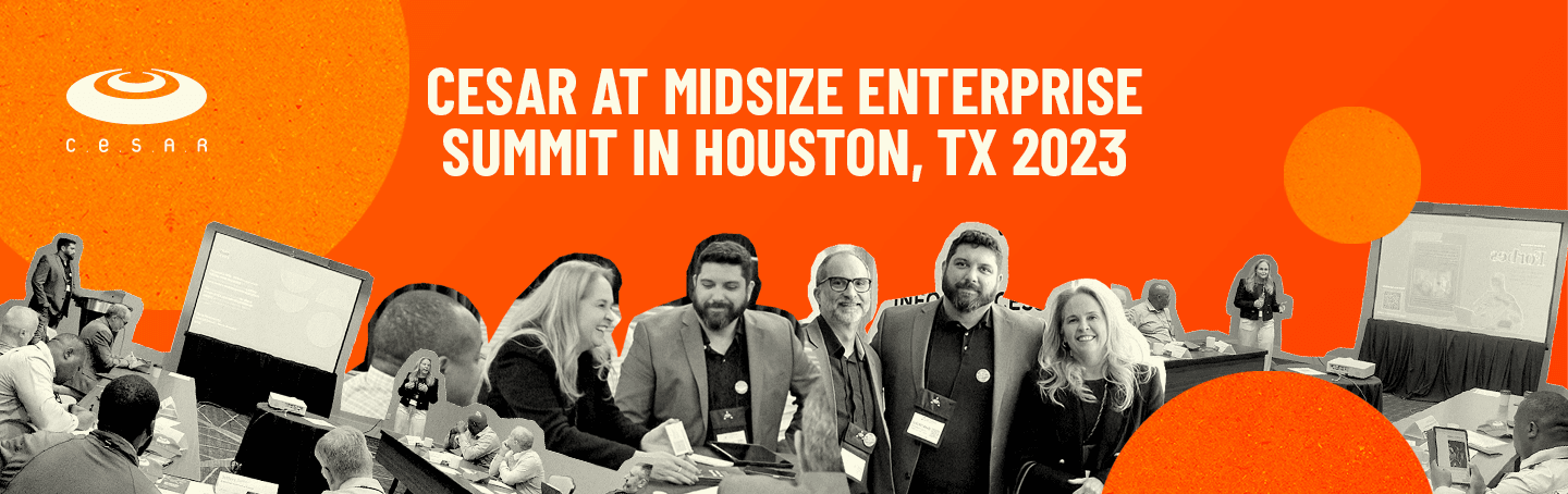 linkedin_CESAR-at-mes-fall Equipe Cesar no Midsize Enterprise Summit em Houston, TX, 2023. Fotos em preto e branco de participantes do evento em um fundo laranja vibrante.