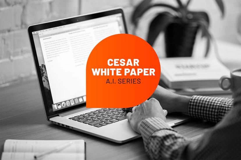 White Paper -IA Imagem em preto e branco de mãos usando um laptop, com um círculo laranja sobreposto com o texto "CESAR WHITE PAPER A.I. SERIES".