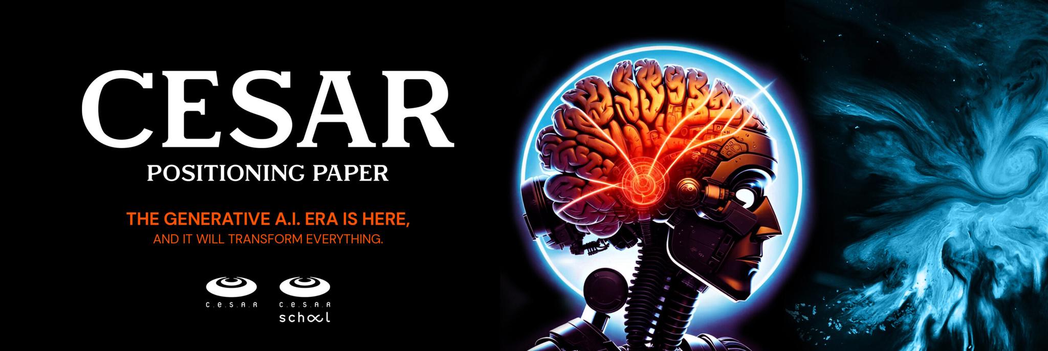 header teste Imagem de um documento de posicionamento CESAR sobre a era da IA generativa, com uma imagem de um cérebro robótico no centro.